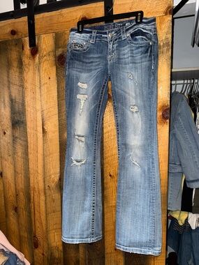 Miss Me Light Blue Distressed Boot Cut Jeans with Embellished Pocket